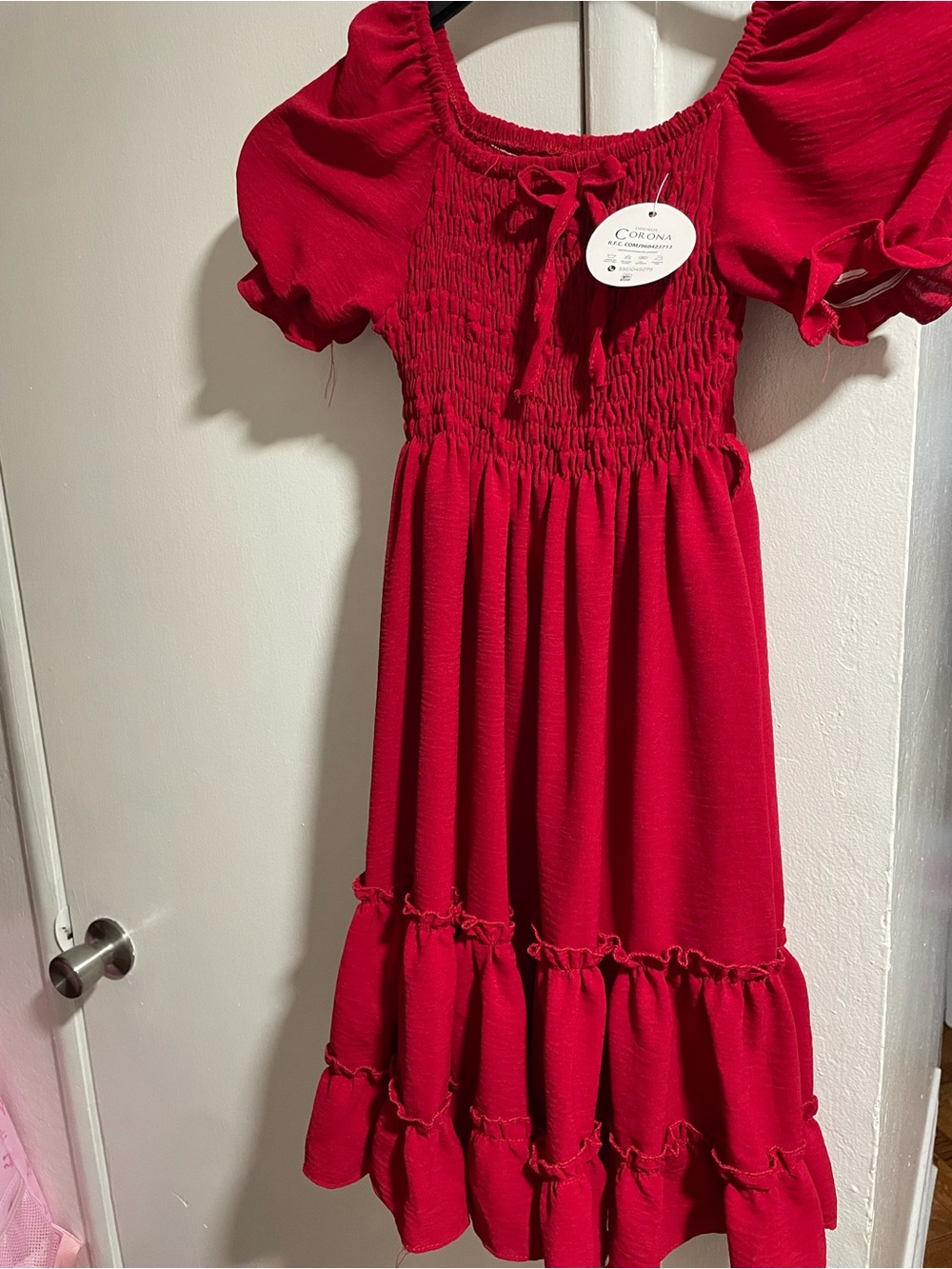 Corona Girls Bright Red Smocked Puff Sleeve Tiered Dress